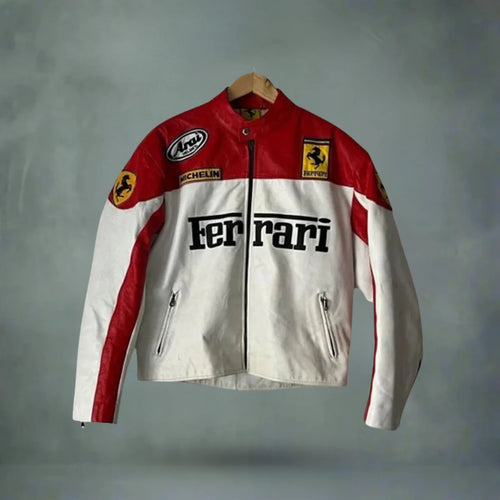 Red/White Ferrari Racing Leather Jacket – F1 Style